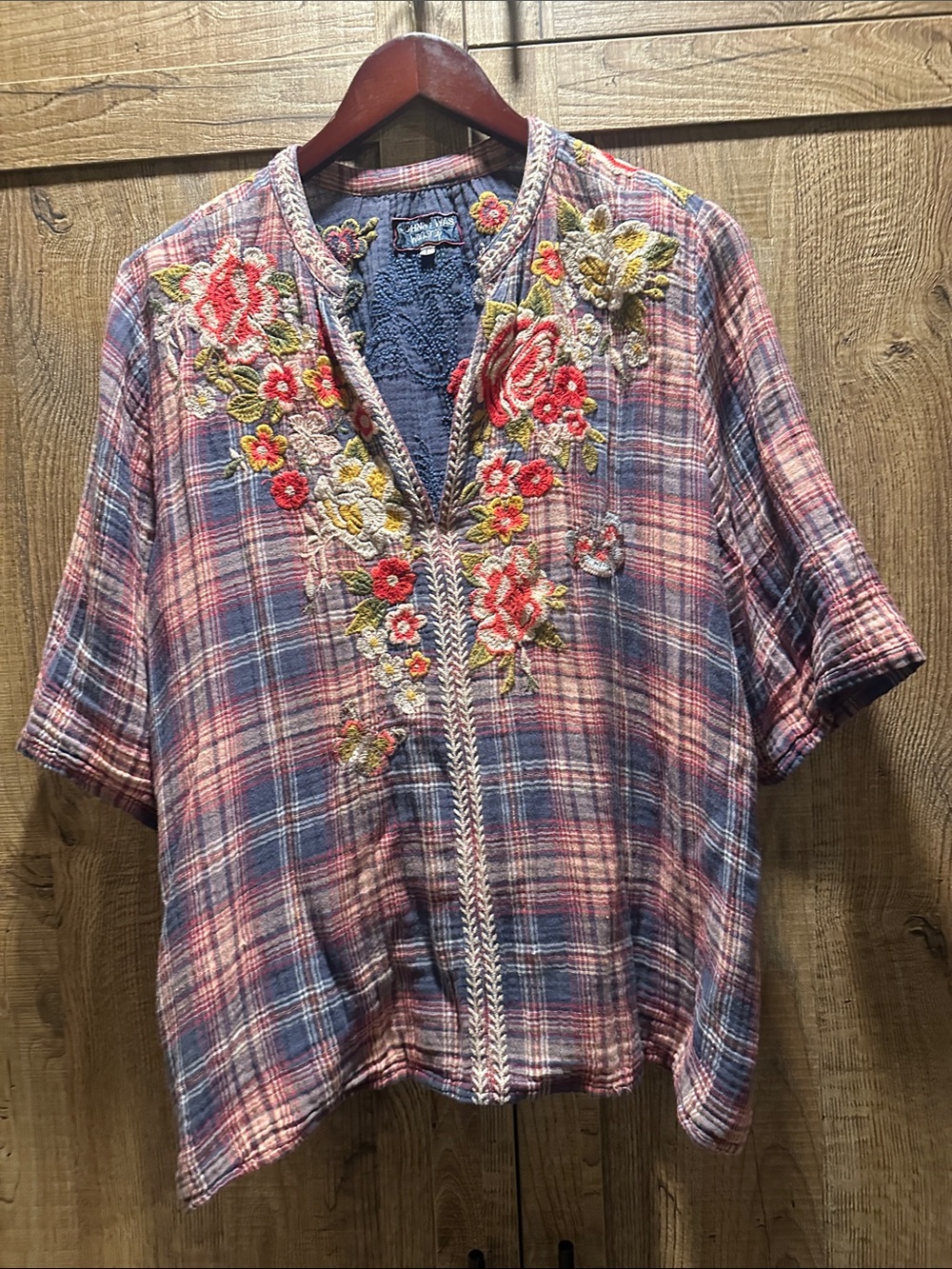 Johnny Was Pink and Blue Embroidered Plaid Tunic